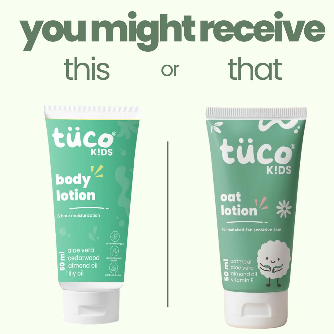 Two tubes of tüco Kids body lotion on a white background with text 'you might receive this or that'.