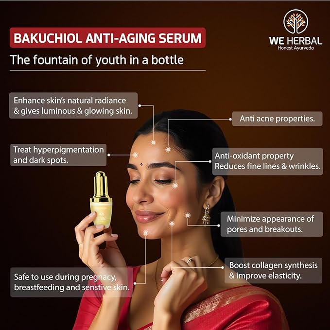 WE HERBAL Bakuchiol Anti-Ageing Serum 10ml, Natural Retinol Alternative with Rosehip & Almond Oil, Targets Acne-Causing Bacteria, Reduces Pimples, Fine Lines & Dark Spots, No Chemicals or Fragrance