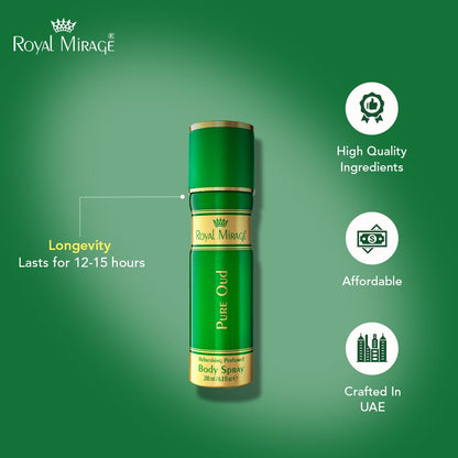 Green body spray bottle with 'Royal Mirage' branding on a green background