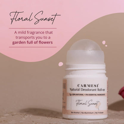 Carmesi Natural Underarm Roll On Deodorant for Women | 95% Natural | Prevents Body Odour | No Alcohol & Aluminium | Floral Sunset - Soft Floral Fragrance | 50 ml