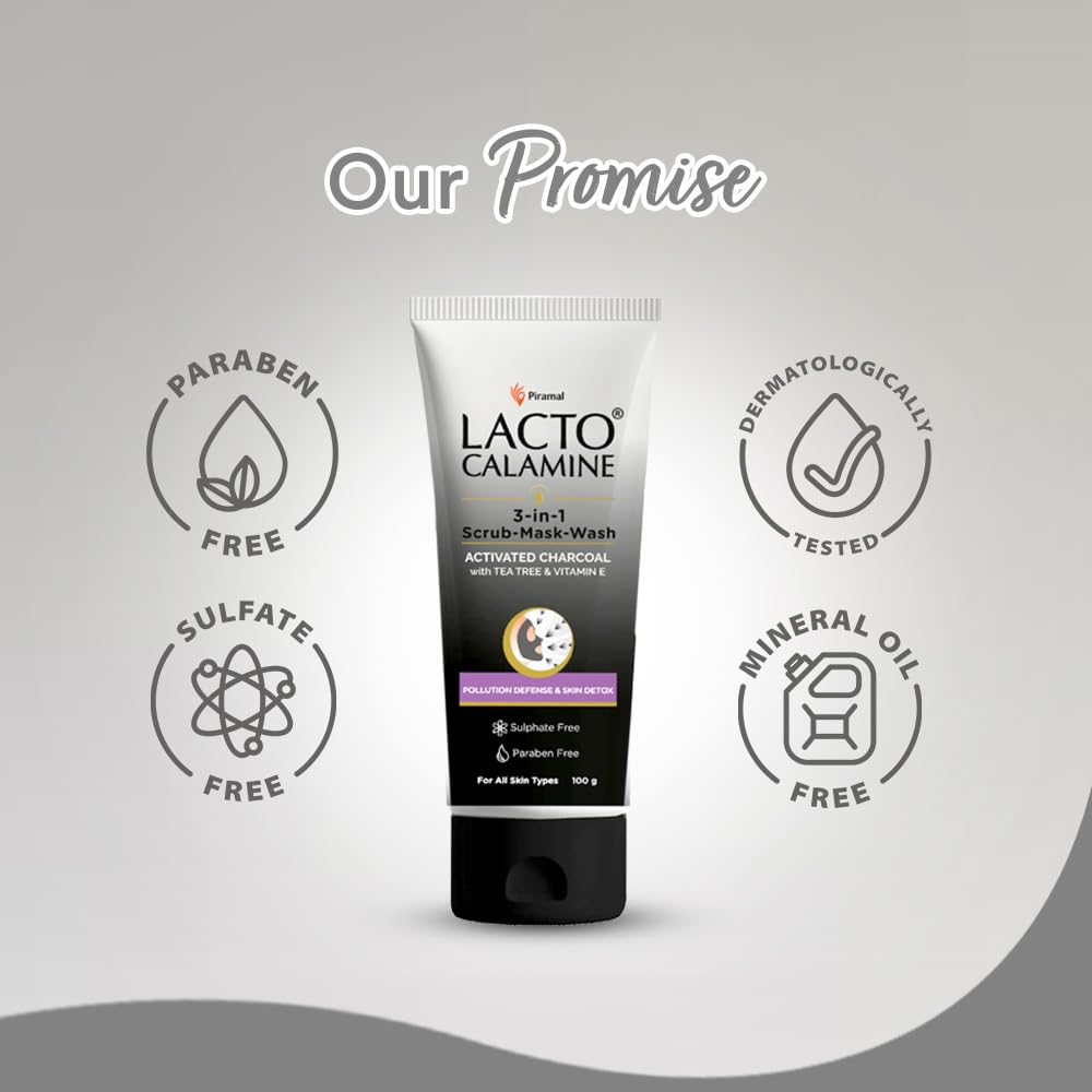 Lacto Calamine 3-in-1 Charcoal Face Scrub-Mask-Wash for Pollution Defence | 100 ml x 1 | Multi-action Encapsulated Charcoal Face Wash, Face Scrub, Face Mask with Kaolin Clay, Tea Tree Oil & Vitamin E