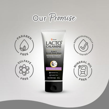 Lacto Calamine 3-in-1 Charcoal Face Scrub-Mask-Wash for Pollution Defence | 100 ml x 1 | Multi-action Encapsulated Charcoal Face Wash, Face Scrub, Face Mask with Kaolin Clay, Tea Tree Oil & Vitamin E