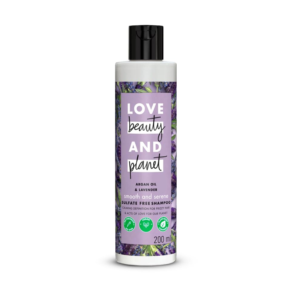 Shampoo bottle with purple label featuring 'Love Beauty and Planet' on a white background
