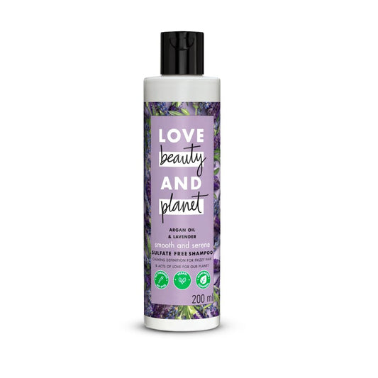 Shampoo bottle with purple label featuring 'Love Beauty and Planet' on a white background
