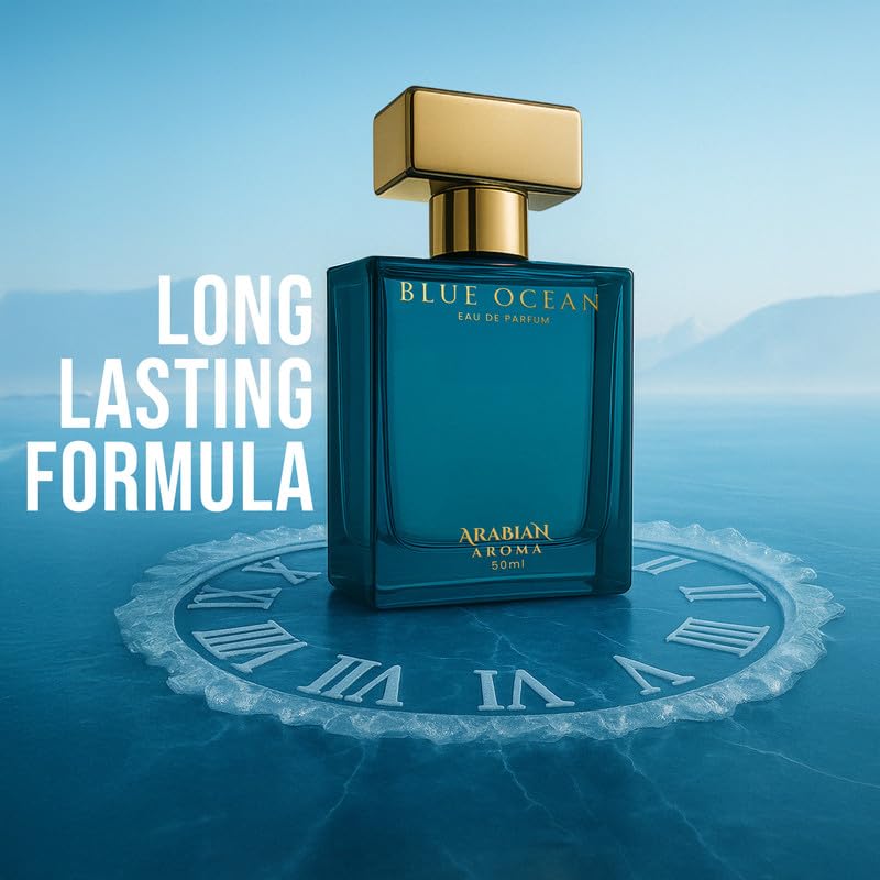 Blue perfume bottle with gold cap on a blue background, featuring 'Long Lasting Formula' text.