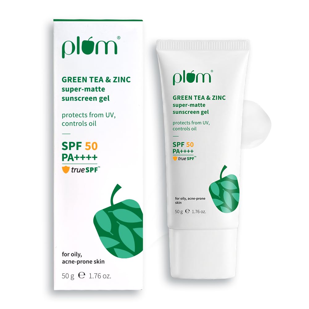 Plum Green Tea & Zinc Super-Matte Gel Sunscreen SPF 50 PA ++++ | 50g | Formulated for Oily, Combination and Acne Prone Skin | Protects & Controls Oil | Lightweight, No White Cast & Non-Sticky | Vegan |