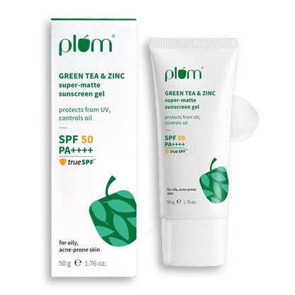 Plum Green Tea & Zinc Super-Matte Gel Sunscreen SPF 50 PA ++++ | 50g | Formulated for Oily, Combination and Acne Prone Skin | Protects & Controls Oil | Lightweight, No White Cast & Non-Sticky | Vegan |