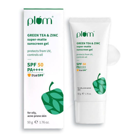 Plum Green Tea & Zinc Super-Matte Gel Sunscreen SPF 50 PA ++++ | 50g | Formulated for Oily, Combination and Acne Prone Skin | Protects & Controls Oil | Lightweight, No White Cast & Non-Sticky | Vegan |