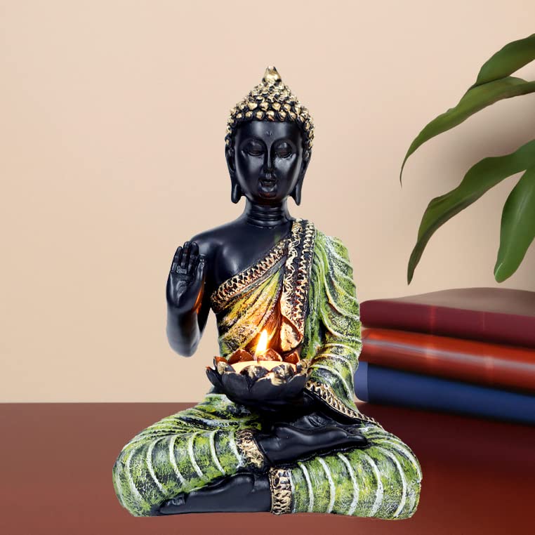 Sitting Buddha Idol Statue for Home Decorations Items Showpiece, Best Indian Gifts for Foreigners, Corporate Gift Items (Green Tea Light Buddha)