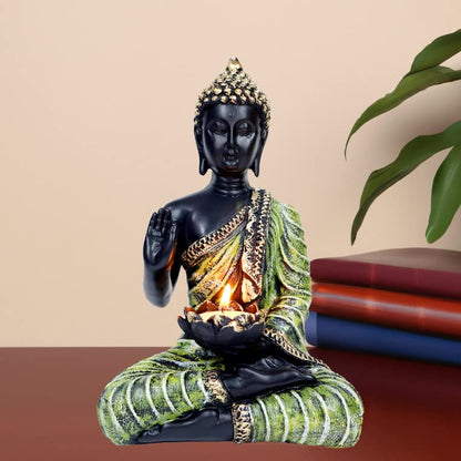 Sitting Buddha Idol Statue for Home Decorations Items Showpiece, Best Indian Gifts for Foreigners, Corporate Gift Items (Green Tea Light Buddha)