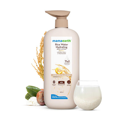 Mamaearth Rice Water Hydrating Body Lotion with Rice Water & Niacinamide for Dewy Glass Skin | 48 Hrs Moisturizating & Nourishing | For Dry Skin | 7 in1 Total Care | 100% Natural Butter | Non Greasy Smooth Skin | 400 ml