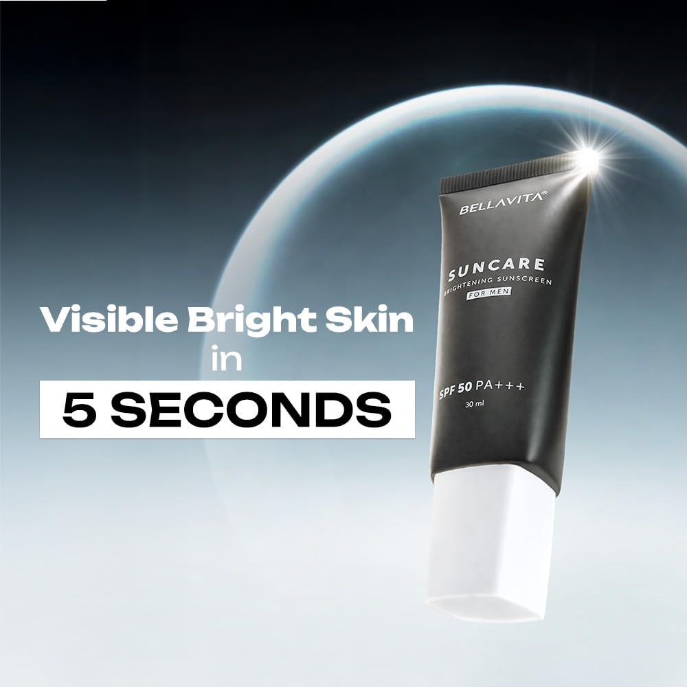 Bellavita sunscreen tube with text 'Visible Bright Skin in 5 Seconds' on a dark background