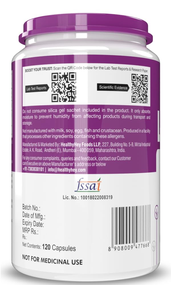 Supplement container with purple lid and white body displaying text and barcodes.