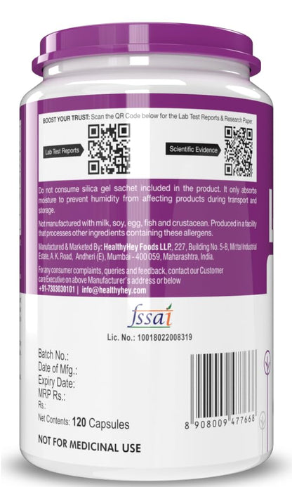 Supplement container with purple lid and white body displaying text and barcodes.