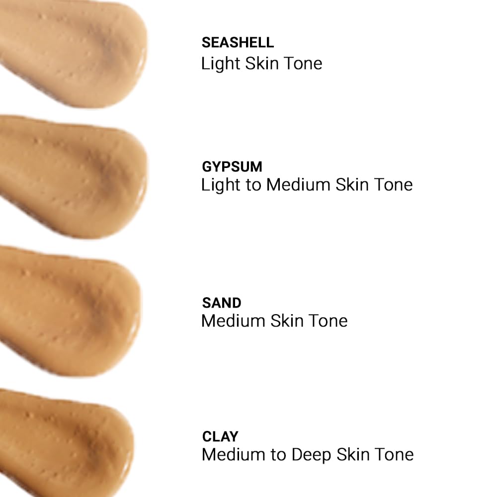 Four different shades of foundation swatches labeled 'Seashell', 'Gypsum', 'Sand', and 'Clay' on a white background.