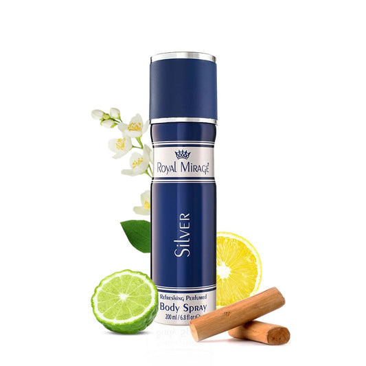 Royal Mirage Silver body spray with lime, lemon, and cinnamon elements on a white background