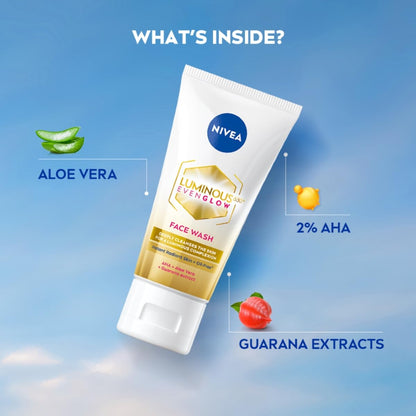 NIVEA Luminous Even Glow 2% AHA Face Wash | Oil-Free Cleanser with Aloe Vera & Guarana Extracts | Deep Cleansing Face Wash for Oily, Normal & Sensitive Skin | Exfoliating Brightening Face Cleanser for Women & Men | 100ml
