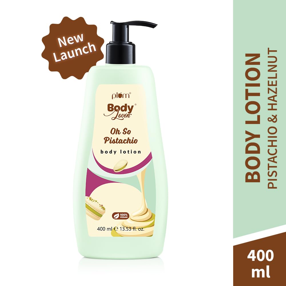 Plum BodyLovin’ Pistachio Body Lotion | Fresh Nutty Pistachio & Hazelnut Notes | Gel-Cream Formula with Aloe, Vitamin E & B5 | Deep Moisturization & Fast Absorption | Non - Greasy | For Dry–Very Dry Skin | 400 ml