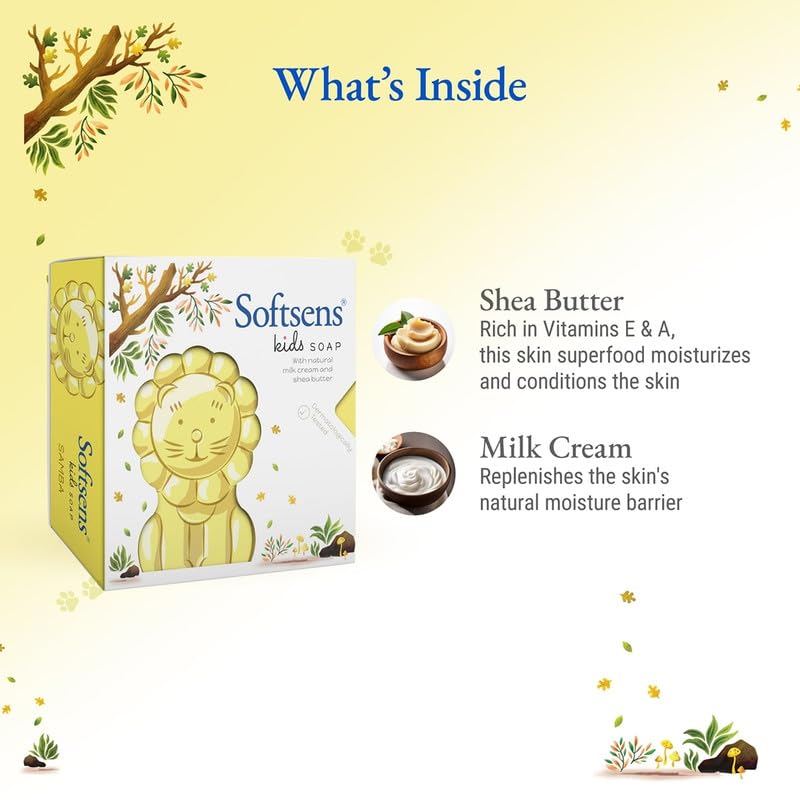 Softsens Kids Soap Samba 75g | Gentle Nourishing Care with Shea Butter & Natural Milk Cream, Dermatologist Tested Baby Soap, Moisturizing Animal Shape Bar Soap For Toddlers & Kids 2-10 Years