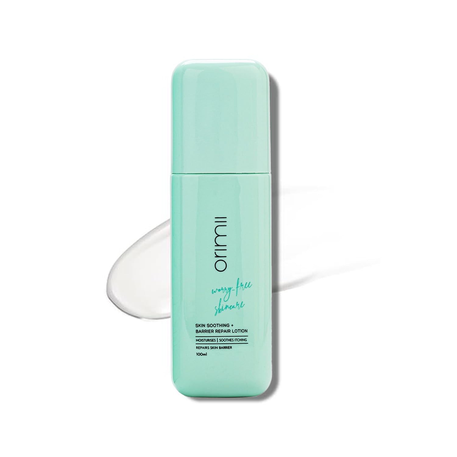 Mint green bottle of O rimi lotion on a white background