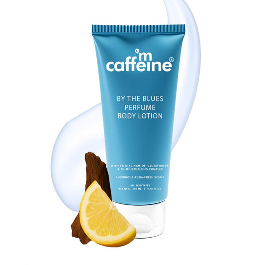 mCaffeine By The Blues Perfume Body Lotion 200ml | 5% Niacinamide & Glutathione for Brightening & Detan | Aquatic-Woody Fragrance | 72H Moisturization| Daily Use Summer Cream Bodylotion for Men & Women