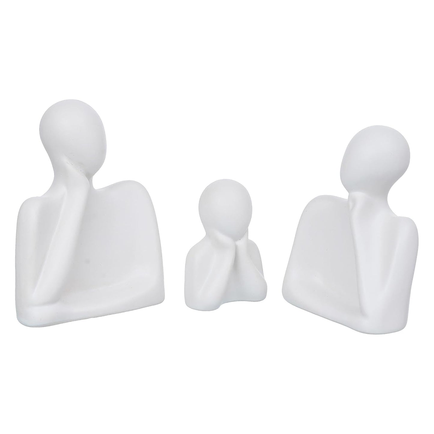 eCraftIndia Set of 3 White Ceramic Handcrafted Happy Family Statue Sculpture | Thinking Face People Figurines Home Decor Items Showpiece for Living Room Bedroom Table Shelf TV Unit | Gift for Birthday