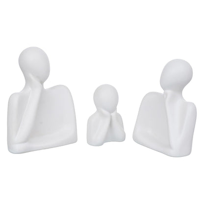 eCraftIndia Set of 3 White Ceramic Handcrafted Happy Family Statue Sculpture | Thinking Face People Figurines Home Decor Items Showpiece for Living Room Bedroom Table Shelf TV Unit | Gift for Birthday