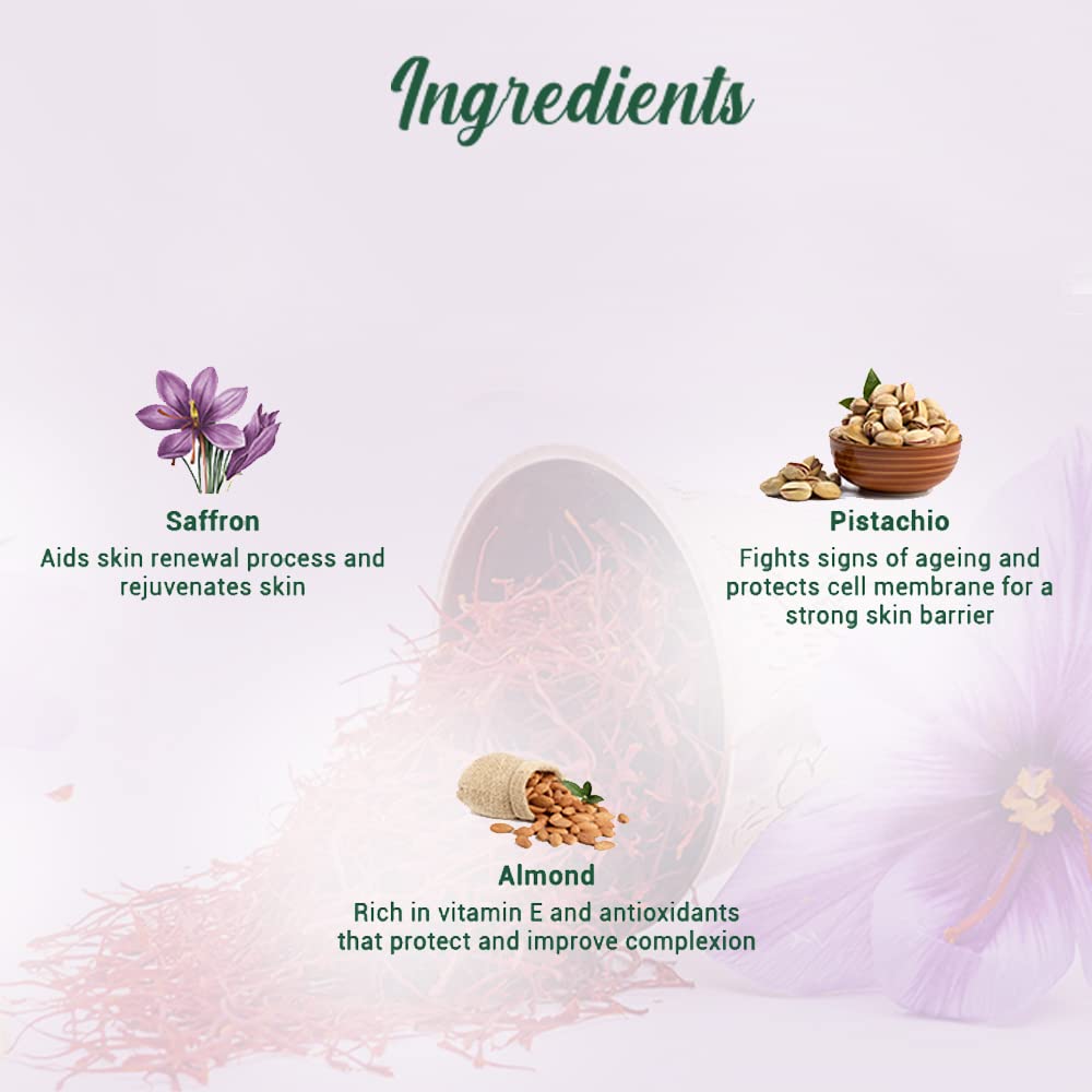 Product packaging with saffron, pistachio, and almond ingredients displayed on a light background.