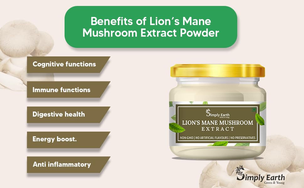 Simply Earth Lion's Mane Mushroom Extract Powder 10:1, (20% Polysaccharides) Improves Memory, Focus and Clarity | 50gm…