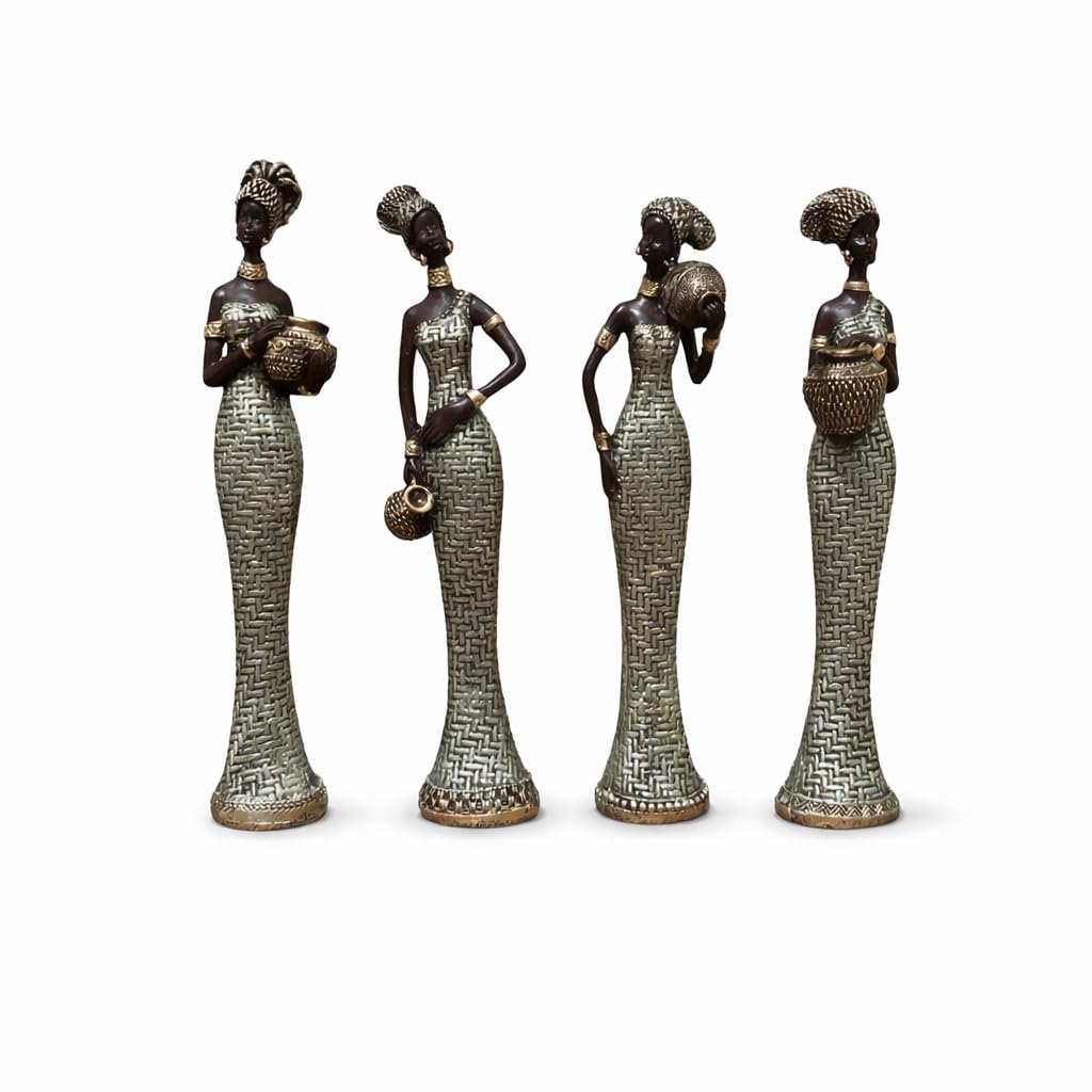 Vibrant Beautiful Finish Uniquely Hand Crafted Home Decor African Tribal Women Art Piece (African Lady Set of 4 with matki)