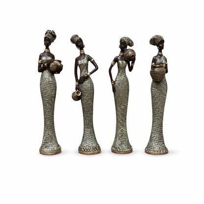 Vibrant Beautiful Finish Uniquely Hand Crafted Home Decor African Tribal Women Art Piece (African Lady Set of 4 with matki)