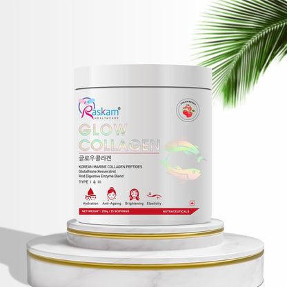 Raskam Glow Collagen product on a white background with a palm leaf