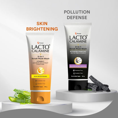 Lacto Calamine 3-in-1 Charcoal Face Scrub-Mask-Wash for Pollution Defence | 100 ml x 1 | Multi-action Encapsulated Charcoal Face Wash, Face Scrub, Face Mask with Kaolin Clay, Tea Tree Oil & Vitamin E