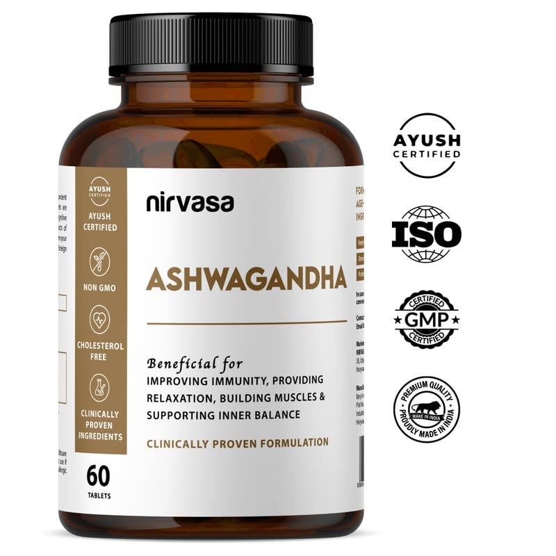 Nirvasa Ashwagandha Tablets (500mg, 60 Tabs) | Natural Ashwagandha Extract | Reduces Stress & Anxiety | Boosts Immunity, Energy & Sleep Quality | Supports Muscle Strength & General Wellness