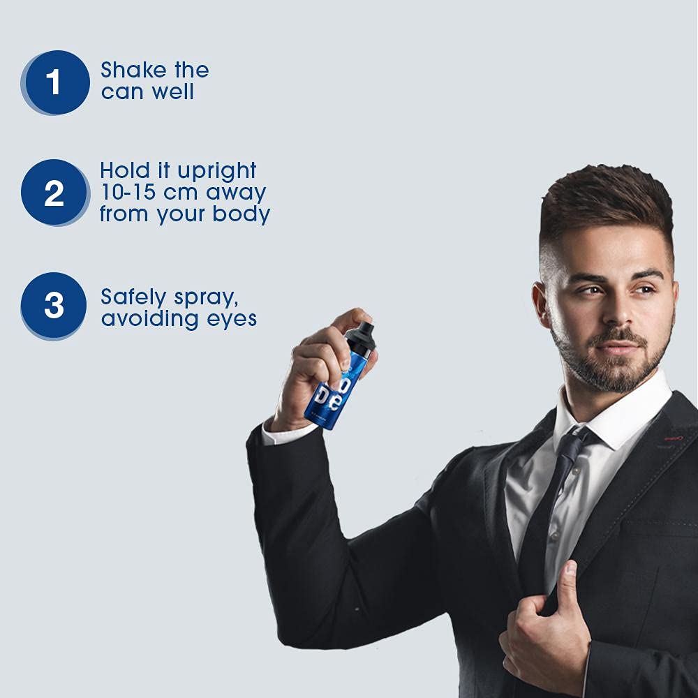Man in a suit holding a deodorant spray with usage instructions on a light gray background
