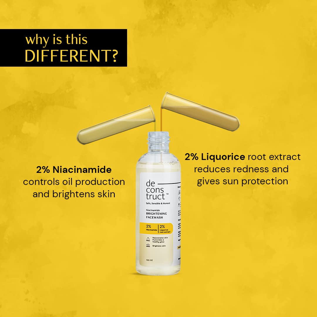 De Construct skincare product with text on a yellow background