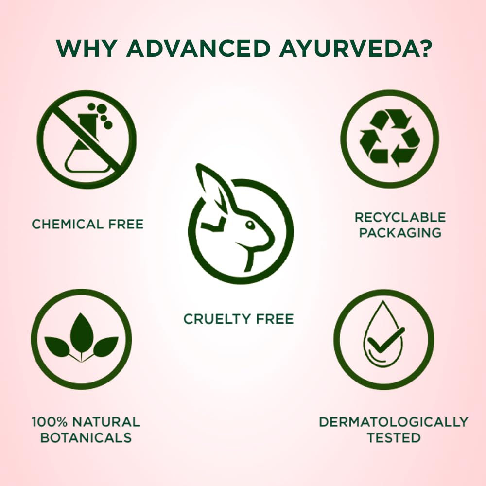 Promotional graphic for Advanced Ayurveda highlighting chemical-free, recyclable packaging, cruelty-free, 100% natural botanicals, and dermatologically tested products on a pink background.