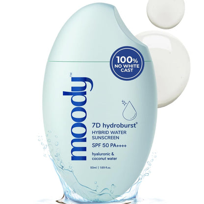 Moody 7D hydroburst hybrid water sunscreen bottle on a white background