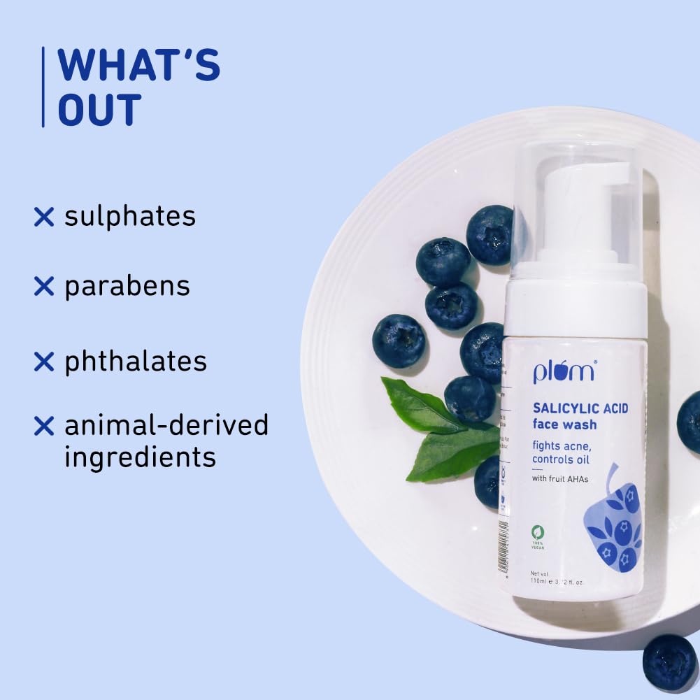 Plum 1% Encapsulated Salicylic Acid Foaming Face Wash | Fights Active Acne, controls oil & deep cleanses pores | with Glycolic Acid & Fruit AHAs | All Skin Types | Face Cleanser for Women & Men | 110ml