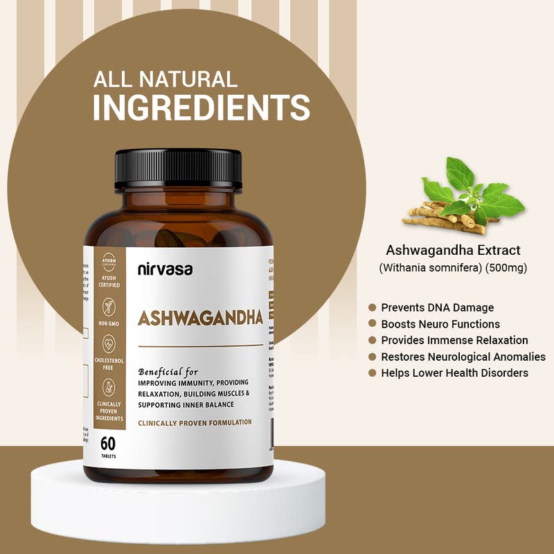 Nirvasa Ashwagandha Tablets (500mg, 60 Tabs) | Natural Ashwagandha Extract | Reduces Stress & Anxiety | Boosts Immunity, Energy & Sleep Quality | Supports Muscle Strength & General Wellness