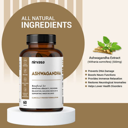 Nirvasa Ashwagandha Tablets (500mg, 60 Tabs) | Natural Ashwagandha Extract | Reduces Stress & Anxiety | Boosts Immunity, Energy & Sleep Quality | Supports Muscle Strength & General Wellness