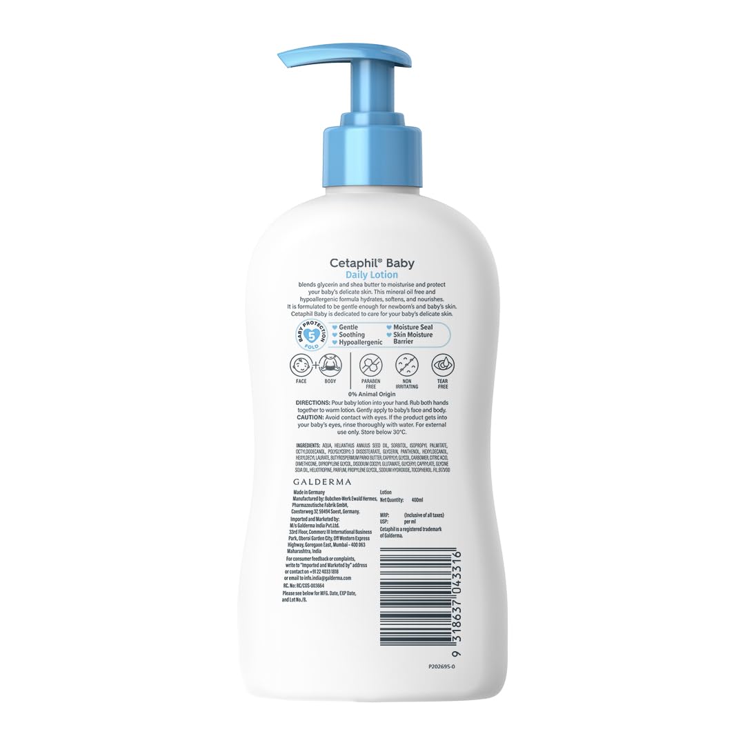 Cetaphil Baby Daily Lotion, Suitable for baby’s delicate skin, Shea Butter and Vit E, Dermatologist Tested and Pediatrician Recommended, 400 ml