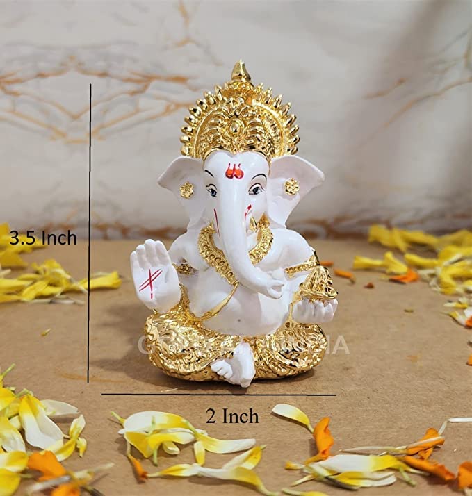 Gold Art India Gold Plated Ganesh Idol for Car Dashboard God Ganesha Idol for Home Decor Ganpati for Gift Home Office Table Shelves Diwali Gifting 3.5 Inches Gold White Mukut