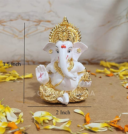 Gold Art India Gold Plated Ganesh Idol for Car Dashboard God Ganesha Idol for Home Decor Ganpati for Gift Home Office Table Shelves Diwali Gifting 3.5 Inches Gold White Mukut