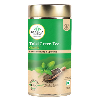 A TATA Product - Organic India Tulsi Green Tea Classic Loose Leaves - 100g, Stress Relieving, Uplifts Mood, Rich in Antioxidants, Blend of Rama, Krishna & Vana, Certified Organic