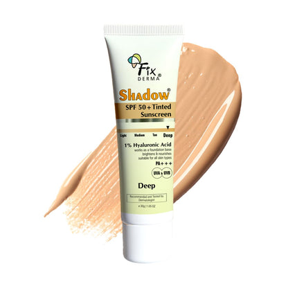 Fixderma Shadow Tinted Sunscreen Deep SPF 50 PA+++ | 1% Hyaluronic Acid & Vitamin E | Brightens & Nourishes the Skin | UVA & UVB Protection | Lightweight | No White Cast | For All Skin Types - 30gm