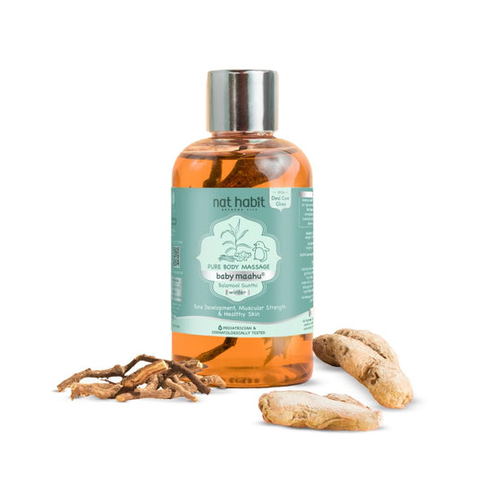 Nat Habit Winter Maahu Baby Massage Oil - Balamool Sunthi For Bone Development, Muscular Strength & Healthy Skin - Suitable For Ages 0 to 12 years - Zero Chemicals & Preservatives - 100ml