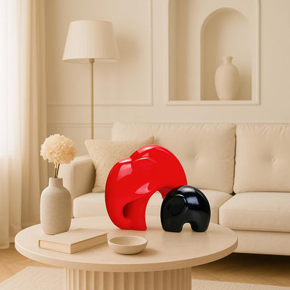 Home Décor Lucky Charm Elephant Mother & Child | Piano Finish Ceramic Figures - (Set of 2 Piece, Red and Black)