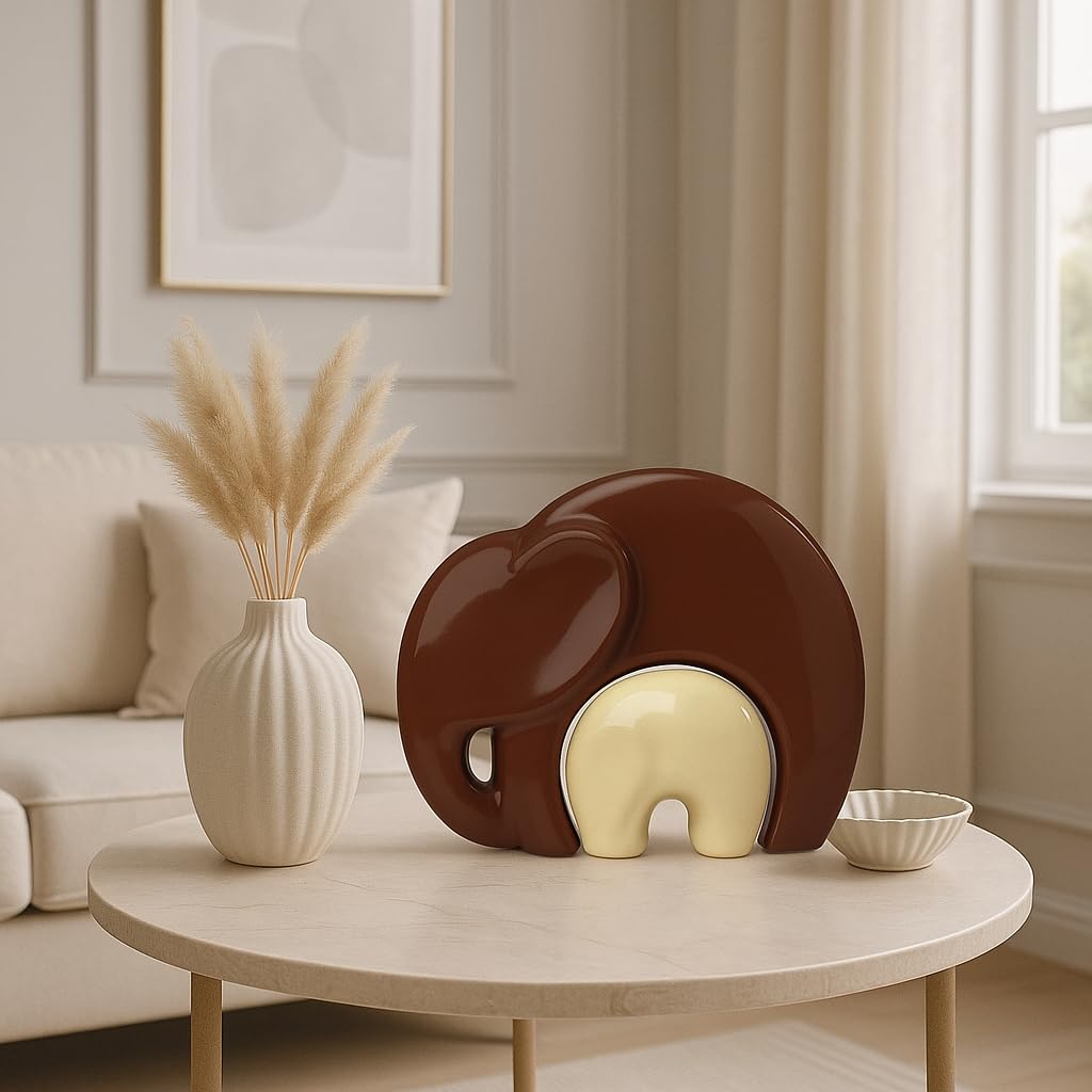 Home Décor Lucky Charm Elephant Mother & Child | Piano Finish Ceramic Figures - (Set of 2 Piece, Brown and Cream)