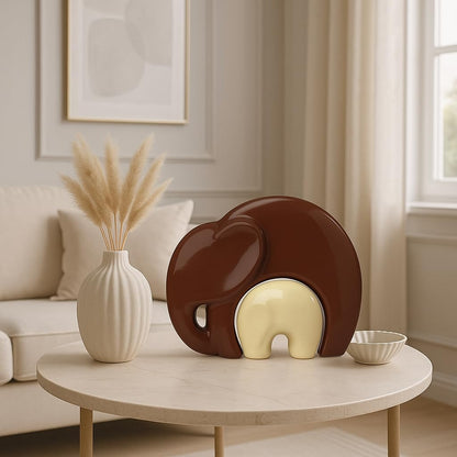 Home Décor Lucky Charm Elephant Mother & Child | Piano Finish Ceramic Figures - (Set of 2 Piece, Brown and Cream)